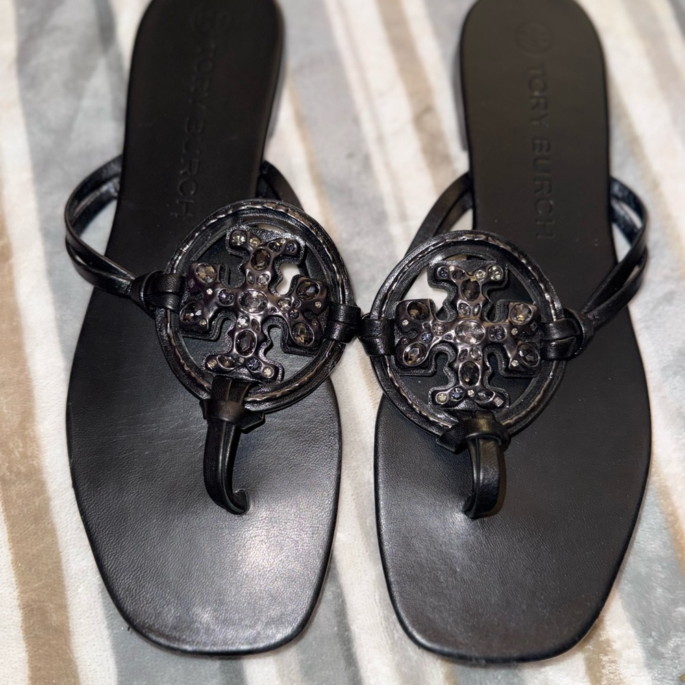 Tory Burch- Black Leather Miller Sandals w/Embellished Logo-Size 10